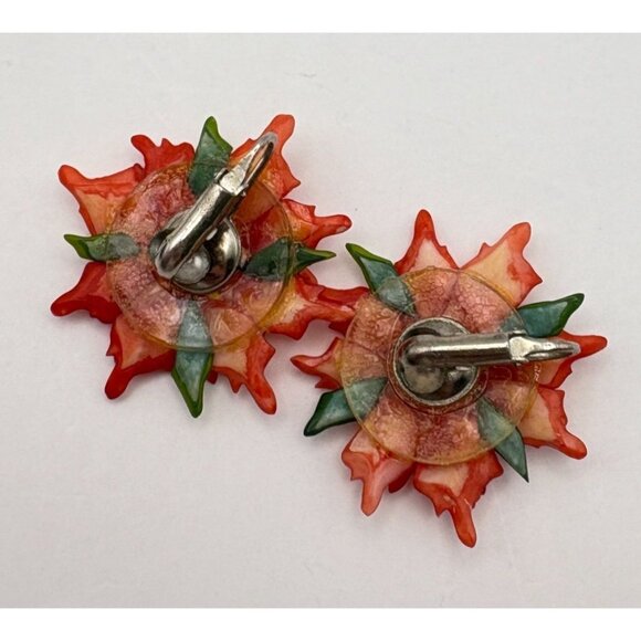 Vintage Poinsettia Earrings Clip-On Floral Red Flower 1950s Holiday Jewelry - Picture 2 of 6